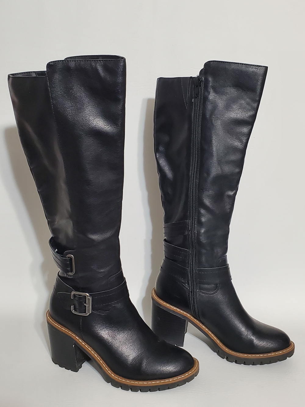 Sun + Stone Black Knee-High Block Heel Boots with Buckle Detail Size 5 - Picture 5 of 10